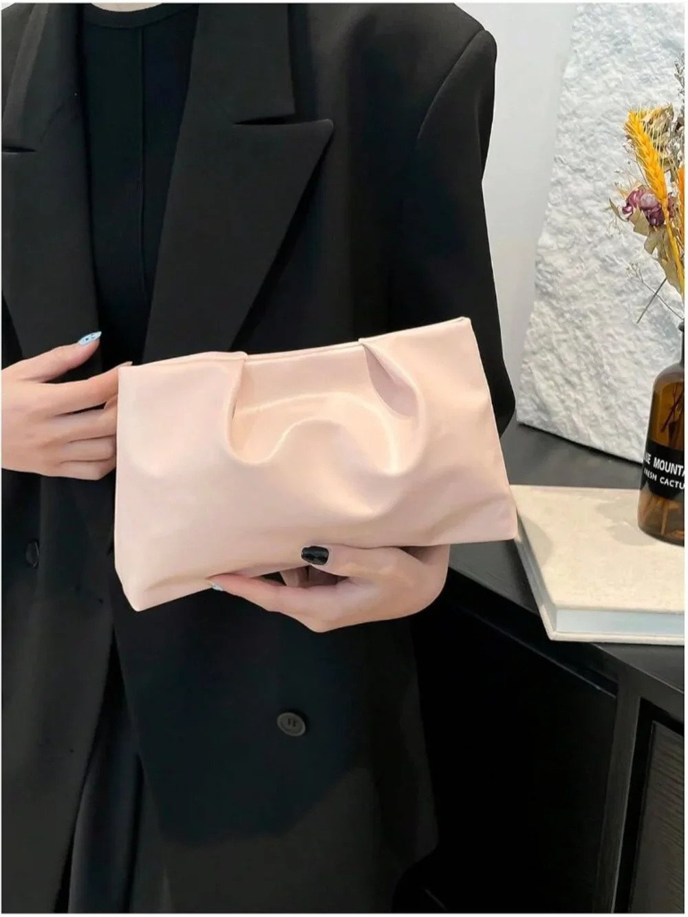 👜Women's Light Pink  PU Leather Clutch Purses Small Zipper Elegant Handbag